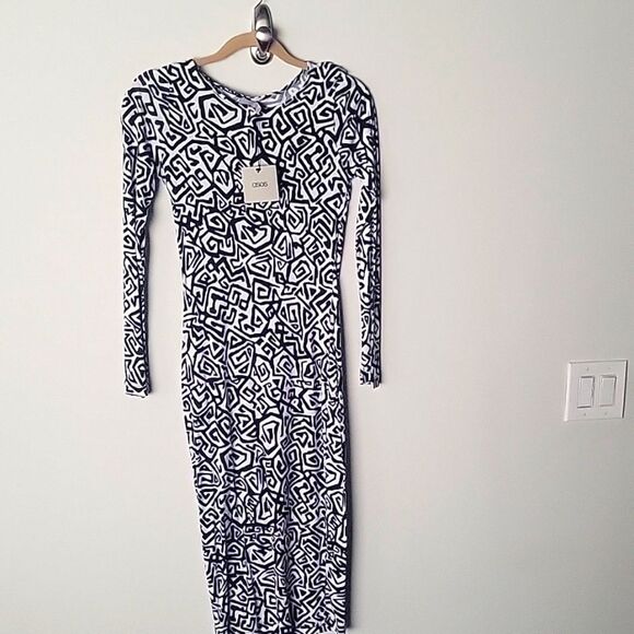 NWT ASOS Bodycon Dress Sexy Black White Geometric Abstract Midi Fitted XS 2 - Picture 2 of 7